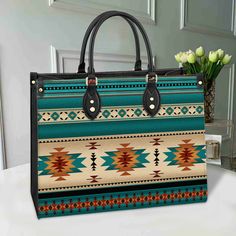 GB-NAT00559-04 Blue Native Pattern Leather Bag – Powwow Store Turquoise Leather Shoulder Bag For Travel, Turquoise Bags With Leather Handles For Everyday Use, Turquoise Leather Satchel For Travel, Turquoise Leather Tote Bag, Turquoise Leather Shopping Bag, Green Shoulder Bag With Rolled Handles For Travel, Turquoise Top Handle Travel Bag, Turquoise Top Handle Shoulder Bag For Travel, Trendy Blue Satchel With Leather Handles