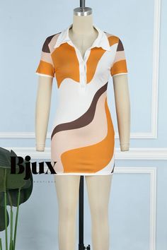 Bjux - Elegant Patchwork Buckle Shirt Collar Print Dress Collection White Patchwork Short Sleeve Mini Dress, White Short Sleeve Patchwork Mini Dress, White Patchwork Mini Dress With Short Sleeves, White Mini Dress With Patchwork And Short Sleeves, Trendy White Collared Mini Dress, Casual Multicolor Mini Dress For Work, Casual Collared Orange Dress, Casual Orange Collared Dress, Spring Mini Dress With Collared Neckline And Fitted Design