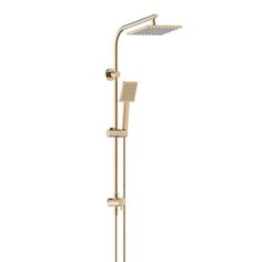 thermostaer with shower head and handset in polished brass, on an isolated white background