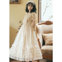 Vintage-style Royalcore Lace Princess Lolita Dress with lace ruffles and bow decoration. High empire waist. Lace Princess Dress, Coquette Kawaii, Romantic Academia, Gothic Fairy, Fairy Dresses, Cottagecore Fashion, Kawaii Dress, Long Sleeve Short Dress, Fairy Dress