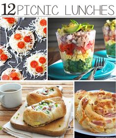 the cover of 12 picnic lunches with pictures of sandwiches, salads and drinks