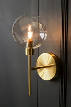 a light that is on the side of a door with a glass ball attached to it