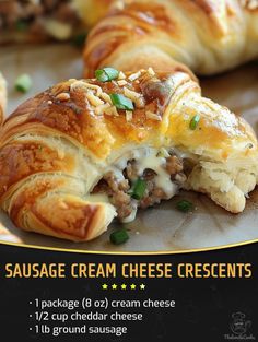 an advertisement for sausage cream cheese croissants on a plate with other pastries in the background