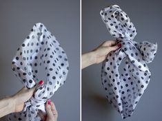 two pictures show how to tie a polka dot scarf