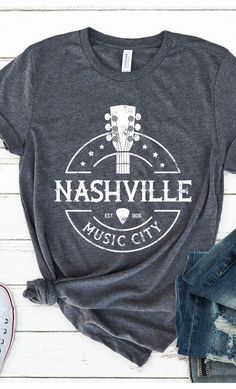 Nashville Music City Graphic Tee - In Bloom Boutique Nashville T Shirts, Urban Cotton T-shirt For Music Festivals, Soft-washed Crew Neck T-shirt For Music Festival, Cotton T-shirt With Band Logo For Music Festival, Music-themed Cotton T-shirt For Music Festival, Cotton T-shirt For Concert, Nashville Music City, Music Tshirt, School Designs