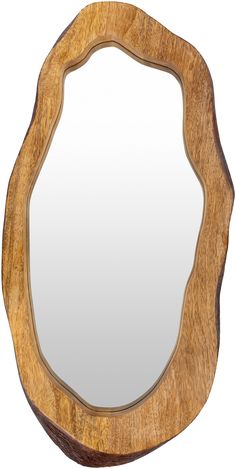 a mirror that is made out of wood and has a circular frame on the top