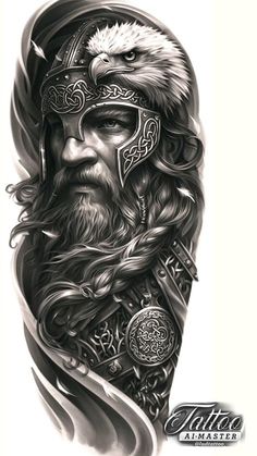 a drawing of a viking with long hair and beard wearing a helmet on top of his head