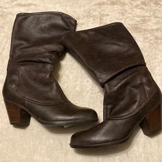 New. No Box. Brown Leather. Slouchy. 2.5 Inch Heel. Size 7.5 Dark Brown Shoes, Square Heels, Brown Square, Outfits To Wear, 5 Inch Heels, Need Love, Heel Boots, Brown Boots, Shoes Heels Boots