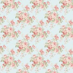 a blue background with pink roses and leaves on the bottom right corner is an old fashioned wallpaper