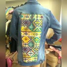 Can You Say Awesome? All American Denim Jean Jacket With Front Pockets. The Back Is An Embroidery Of Different Colors All Aztec Designs , The Work Is Sensational And Covers Almost The Entire Back. Fantastic For Just Any Time Of The Year. This Is Also A Longer Jean Jacket Too, Usually They Are Shorter Ptp Yellow Winter Festival Outerwear, Casual Blue Outerwear For Festival, Yellow Denim Long Sleeve Outerwear, Yellow Long Sleeve Denim Outerwear, Embroidered Yellow Outerwear For Fall, Yellow Embroidered Outerwear For Fall, Fall Yellow Embroidered Outerwear, Yellow Long Sleeve Denim Jacket, Yellow Long Sleeve Outerwear For Festival