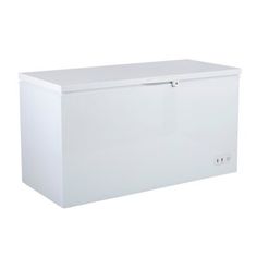 a white chest freezer sitting on top of a white floor next to a wall