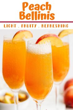 peach bellinis in wine glasses with apples on the side