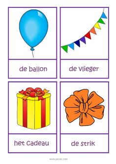 four different pictures with balloons, presents and flags in purple frames on the same page