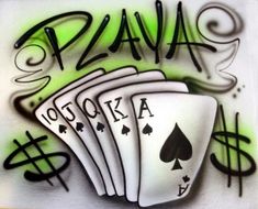 four playing cards in front of graffiti on the side of a wall with words play poker