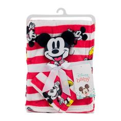 a mickey mouse blanket with a tag on it