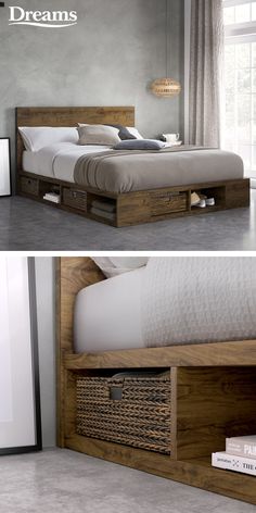 two pictures of a bed with drawers in the middle and bottom one is made out of wood