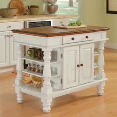 a white kitchen island with wooden top and drawers on both sides, in front of a white background