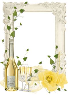 a white frame with yellow roses and two champagne glasses in front of it on a white background