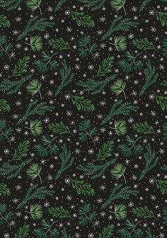 a black background with green leaves and snowflakes on it's surface, as well as stars