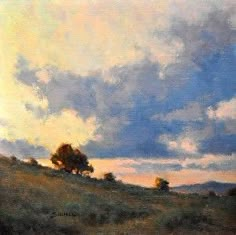 an oil painting of clouds and trees on a hill