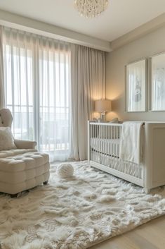 a baby's room with a white crib, chair and chandelier