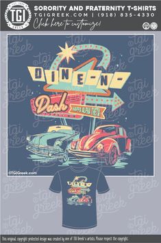 a t - shirt with an image of two cars and the words diner on it