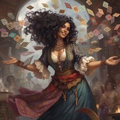 a painting of a woman with long hair and many cards floating around her in the air