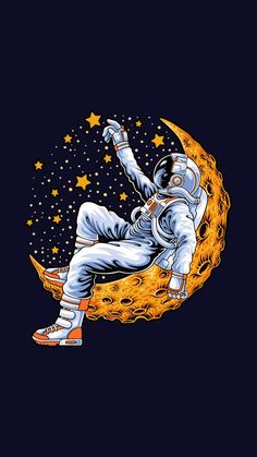 an astronaut sitting on the moon with stars in the sky behind him and pointing at something