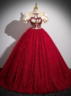 Burgundy Ball Gown Puff Sleeve Quinceanera Dress Red Tulle Quinceanera Dress For Debutante Ball, Satin Floor-length Ball Gown For Quinceanera, Floor-length Satin Ball Gown For Quinceanera, Red Tulle Quinceanera Dress For Wedding, Red Quinceanera Dress With Tulle And Sweetheart Neckline, Quinceanera Ball Gown With Boned Bodice, Red Quinceanera Dress With Fitted Bodice For Wedding, Princess Style Red Ball Gown For Prom, Red Fitted Organza Ball Gown