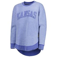 Rock vintage style on cooler days with this Kansas Jayhawks Ponchoville sweatshirt from Pressbox. The washed-out fabric and raw edging on the stitched appliques give it an antique look that symbolizes your timeless dedication to the Kansas Jayhawks. The rounded droptail hem also adds a little extra coverage to this soft pullover for more warmth. Machine wash with garment inside out, tumble dry low Stitched fabric appliques with raw edge Crew neck Material: 52% Polyester/48% Cotton Midweight swea Rock Vintage, Kansas Jayhawks, Kentucky Wildcats, Blue Sweatshirt, Pullover Designs, Sport Girl, Long Sleeve Pullover, Pullover Sweatshirt, Appliques