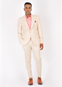 Jacket & pants included. Vest optional. Delivered in 2-3 weeks. Free shipping. Covered by our Free Remake Guarantee. Complete the look with Shirts, Ties & Squares. Classic Cream Suits For Spring, White Cotton Summer Suit, Spring Beige Cotton Suit, Tailored Beige Suit For Spring, Beige Suits For Business In Spring, White Linen Suits For Spring, Summer Long Sleeve Suits With Welt Pockets, Beige Cotton Suit For Spring, Spring Beige Business Suits