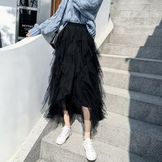 Summer Irregular Mesh Tulle Skirt Elastic High Waist Mid Calf Tutu Lon – jetechband Korean Skirts, Tulle Skirt Women, Mesh Maxi Skirt, Winter Princess, Long Maxi Skirt, Korean Clothes, Tulle Tutu Skirt, Gown Pattern, Clothes Black