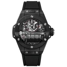 Brand New Authentic Hublot Big Bang MP-11 Limited Edition Manual Winding 3D Carbon Rubber Strap Men's Luxury Watch Model 911.QD.0123.RX. 3D Carbon Fiber case with Black Lined Rubber Straps strap. Titanium Deployment with Push Button clasp. Fixed. 3D Carbon Fiber with 6 H-shaped Titanium Screws bezel. Dial description: Luminous Silver Tone Hands and Stick Hour Markers with Minute Markers Around the Outer Rim and a Power Reserve Sub-dial on a Skeleton Dial. Swiss Manual Winding movement. Chronograph sub-dials display: Power Reserve. Powered by Hublot Calibre HUB9011. Power Reserve Movement with 7 Series-coupled Barrels and Power Reserve Display Roll engine with 336 hours power reserve. Watch functions: Power Reserve, Hour, Minute. Pull/Push crown. Scratch Resistant Sapphire crystal. Unique c Panerai Luminor 1950, Hublot Big Bang, Patek Philippe Calatrava, Hublot Watches, Rubber Watches, Mens Luxury, Luxury Watches For Men, Watch Model, Sport Watches