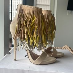 Nwt Never Worn High Heels - 4.25in Gold Suede Heels For Spring, Cream Suede Heels For Summer, Yellow Suede Sandals For Spring, Yellow Suede Heels For Spring, Yellow Lace-up Heels For Summer, Luxury High Heel Synthetic Mules, Spring Yellow Suede Heels, Elegant Fringe Heels For Party, Yellow Suede Closed Toe Heels