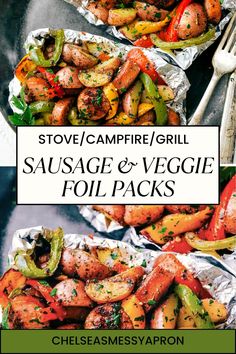 grilled sausage and veggie foil packs with text overlay