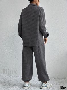 Bjux - Contemporary Two-piece Waffle Set: Sophisticated Button-Front Long Sleeve Shirt and Comfortable Elastic Waist Jogger Pants Ensemble - Womens Fashion Solid Color Pants With Buttons For Loungewear, Loungewear Pants With Buttons, Casual Fall Sets With Buttons, Solid Color Sets With Button Closure For Loungewear, Button-up Sets For Daywear With Buttons, Button-up Sets For Daywear, Fall Loungewear Sets With Button-up, Fall Loungewear Button-up Sets, Button-up Loungewear Tops With Pockets