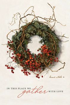 a christmas card with a wreath and berries on the front, in this peace we love