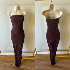 Never Worn, Perfect Conditions Brown Strapless Ruched Dress, Brown Stretch Strapless Dress, Brown Strapless Stretch Dress, Brown Ruched Maxi Dress For Date Night, Dresses Brown, Xs Dresses, Fashion Nova Dress, Fashion Nova Dresses, Brown Dress