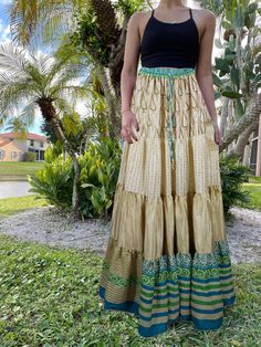 Womens Beige Green Beach Maxi Skirt Patchwork Boho Skirts S/M Traditional Long Maxi Skirt For Beach, Bohemian Long Skirt For Festival, Traditional Flowy Maxi Skirt For Beach, Bohemian Maxi Skirt For Festive Occasions, Green Flowy Patchwork Maxi Skirt, Bohemian Ankle-length Flowy Skirt, Green Flowy Maxi Skirt With Patchwork, Bohemian Flowy Floor-length Maxi Skirt, Bohemian Tiered Skirt For Festive Occasions