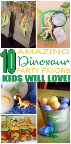 there are pictures of dinosaur party favors in this collage