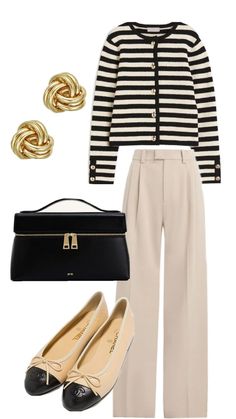 a woman in black and white striped shirt, beige pants and heels with gold accessories