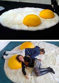 two pictures of people laying on top of an egg shaped rug with eggs in the middle