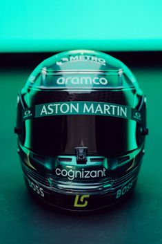 a close up of a helmet on a green surface