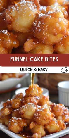 funnel cake bites are being drizzled with sugar and then served on a plate