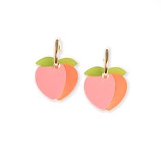 Who doesn't love peaches? Our Peach earrings are a cute and lovely addition to our Fruit Salad collection!  Charm measures 1. 5" x 1" (38mm x 26mm) The pair weighs 8 grams total—that's just a touch more than a quarter or euro coin!  Gold-filled hoop is tarnish resistant and hypoallergenic, keeping sensitive ears comfortable. Hand-made in the By Chavelli studio in NYC. Keep away from extreme heat and wipe clean with water or makeup remover Pink Small Hoop Earrings In Cute Style, Cute Small Hoop Pink Earrings, Cute Small Pink Hoop Earrings, Peach Items, Peach Earrings, Album Ideas, August Birthstone Jewelry, July Birthstone Jewelry, Extreme Heat