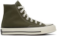 High-top canvas sneakers in khaki. · Round rubber cap toe · Lace-up closure · Faux-leather logo patch bonded at inner side · Rubber midsole in off-white · Treaded rubber outsole in brown Supplier color: Utility/Egret/Black Khaki Canvas Sneakers With Rubber Sole, Green Sneakers With Logo Patch And Round Toe, Khaki Sneakers With Vulcanized Sole For Streetwear, Green Round Toe Sneakers With Logo Patch, Casual Canvas Shoes With Logo Patch And Round Toe, Khaki High-top Sneakers For Streetwear With Round Toe, Green High-top Sneakers With Rubber Toe Cap, Sporty Green High-top Sneakers With Rubber Toe Cap, Green Sporty High-top Sneakers With Rubber Heel Cap