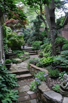 an outdoor garden with stone steps and plants