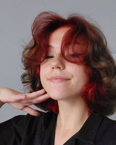 Short Hair Dyed Underneath Red, Grunge Red Hair Short, Medium Brown And Red Hair, Short Curly Hair Dyed Underneath, Wolfcut Short Dyed, Short Hair With Red Underneath, Alternative Hair Curtain Bangs, Short Wavy Hair Dyed, Hair Dye Ideas For Short Curly Hair