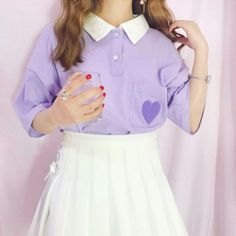 Purple Heart Embroidery POLO Shirt Korean Purple Outfit, Purple Outfit Summer, Pastel Purple Clothes, Lavender Aesthetic Outfit, Cute Purple Outfits, Purple Clothes Aesthetic, Purple Outfits Aesthetic, Pastel Outfit, Pastel Fashion