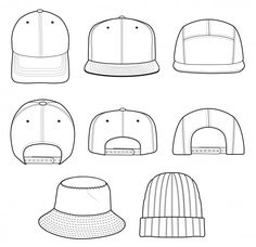 six different hats are shown in black and white, each with a flat brimmed peak